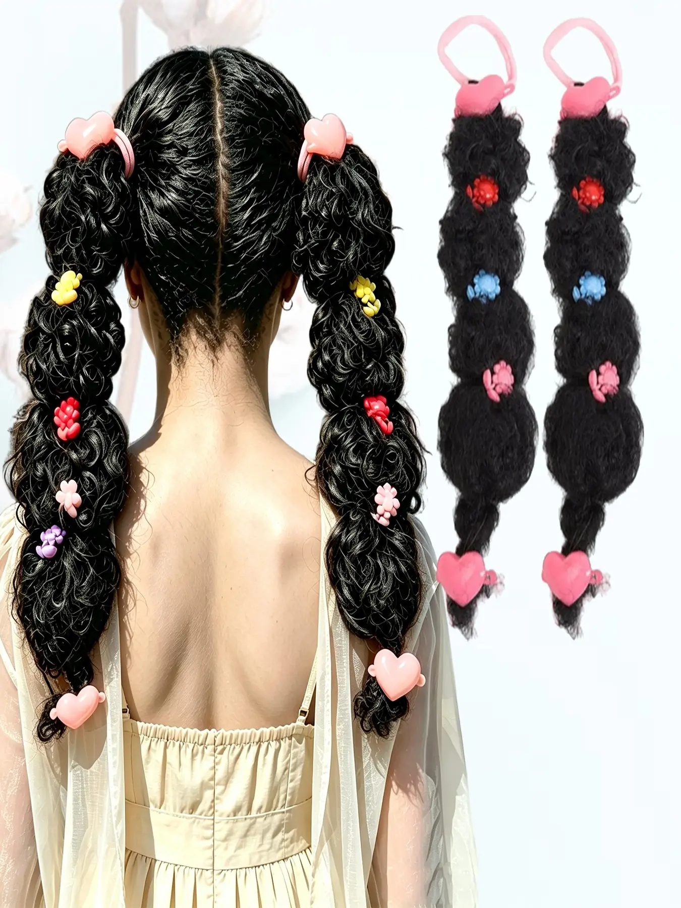KAIRIYA Double Layer Afro Bubble Ponytail: Kinky Curly Design with Random Colorful Accessories, Secure Easy Elastic Band, Lightweight Natural Black Synthetic Hair for Women Holiday Party & Daily Extended All-Day Comfort