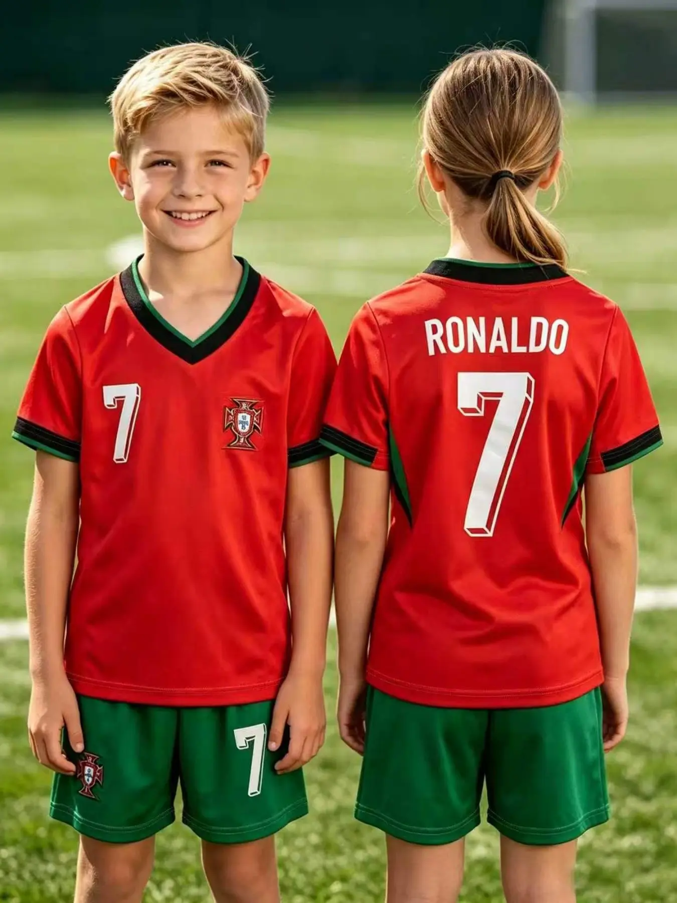 Kids' Portugal Classic Ronaldo 7 Football Set, Unisex Breathable Quick Dry V-Neck Short Sleeve Top and Shorts, Outdoor Sports Gift