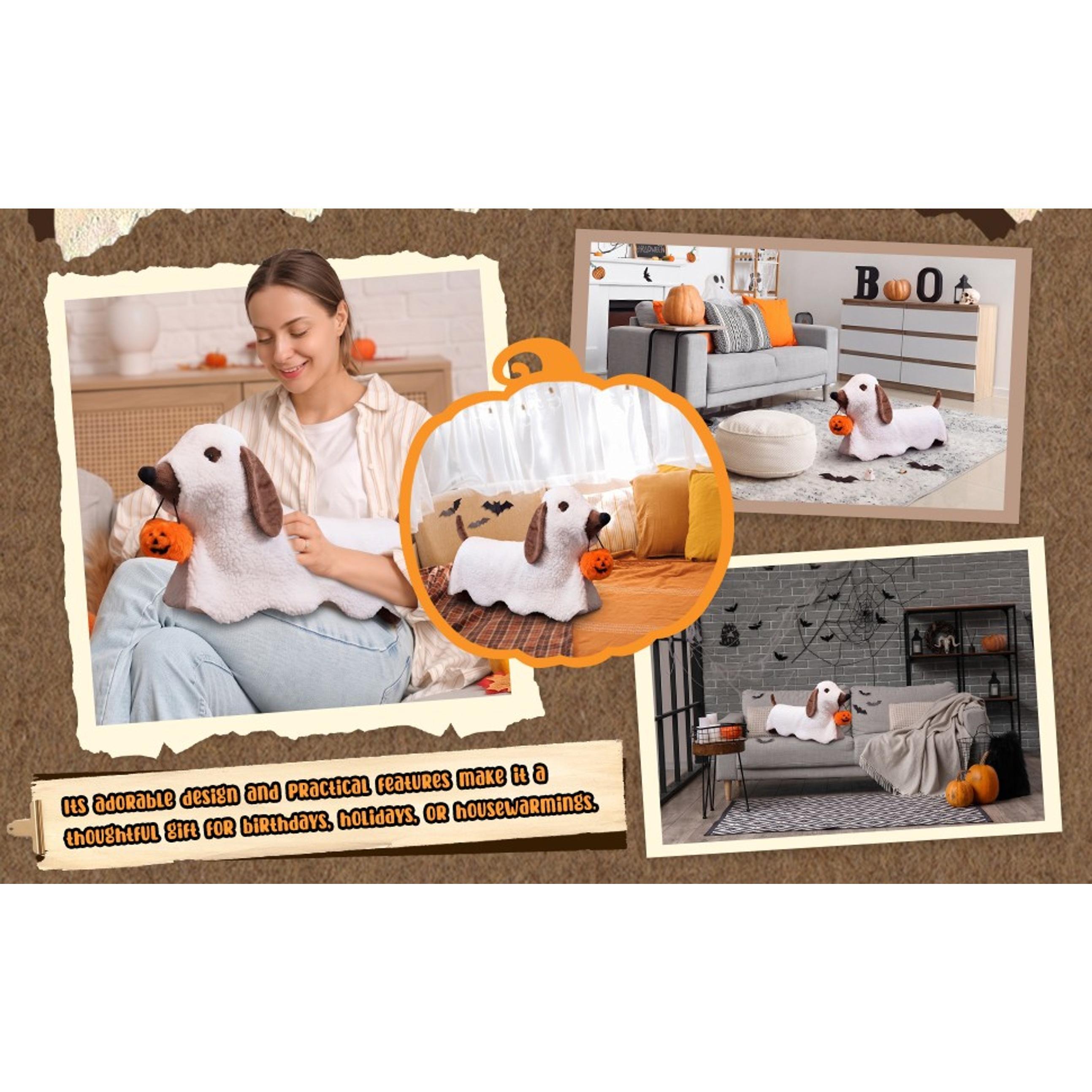 Leinuosen 26 Inch Halloween Dachshund Pillows Wiener Dog Ghost Decoration | Halloween Ghost Dog Pillows, White Soft Plush Sherpa, 3D Fluffy Cute Spooky Holding Pumpkin Gifts, Sofa Couch Bed Indoor Home