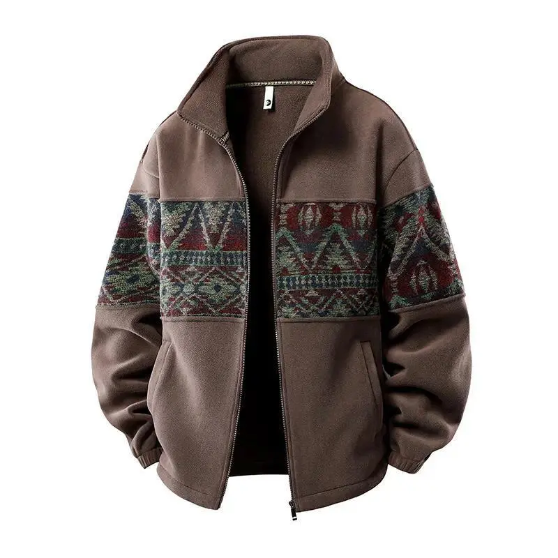 Men's Ethnic Pattern Full-Zip Fleece-Lined Long-Sleeve Knitwear Coat - Stand Collar, Casual Loose Male Clothing, Christmas Autumn-Winter Everyday Top#sohochic