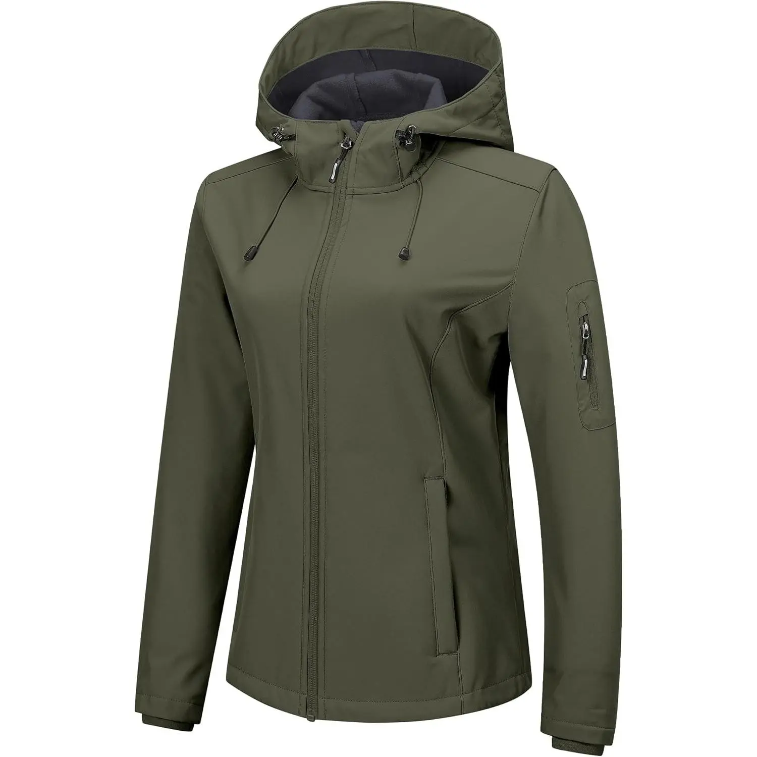 Women's Softshell Hooded Jacket - Long Sleeve, Fleece-Lined, Warm, Lightweight, Waterproof, Windproof, Adjustable, Elastic Fit, Pocketed Outdoor Raincoat