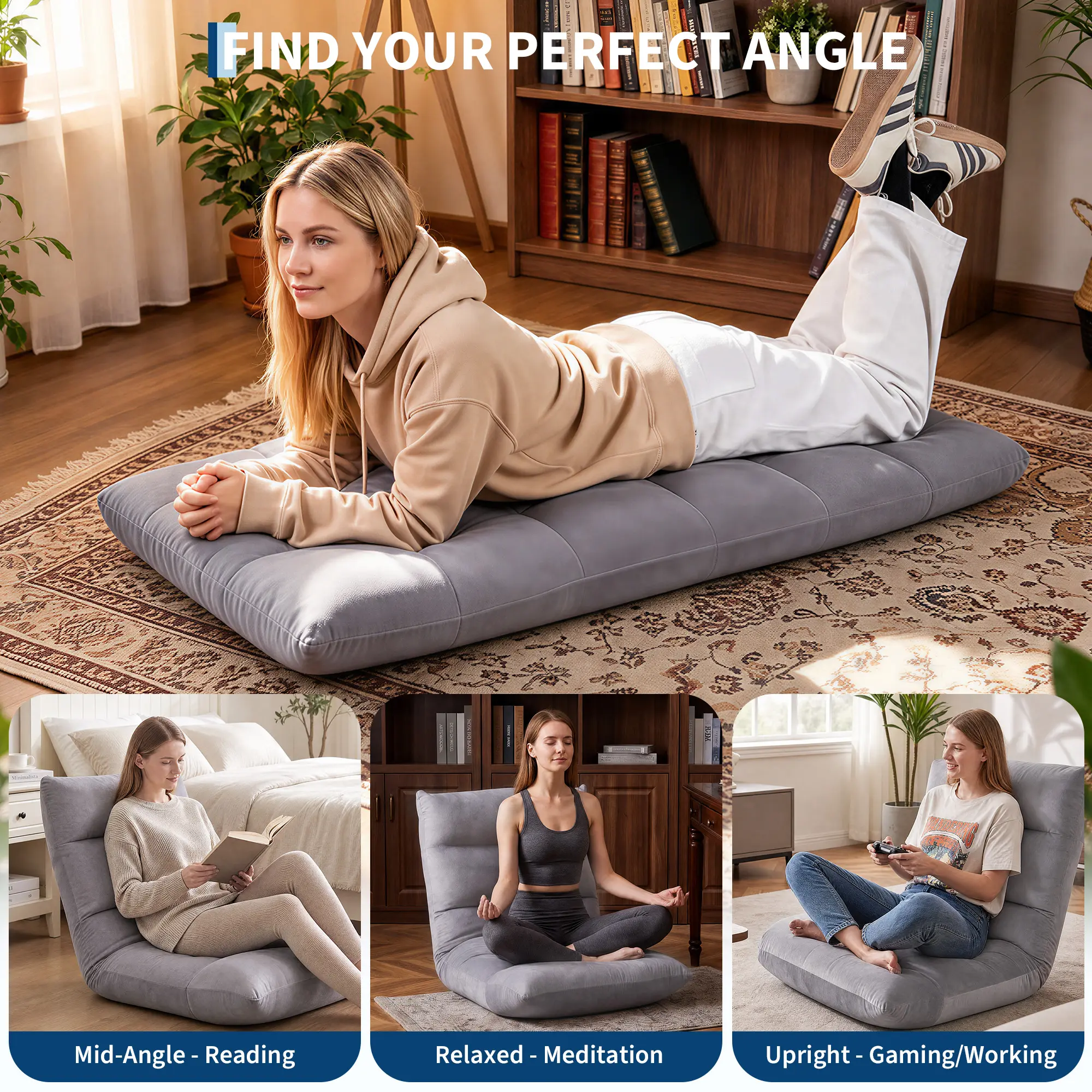 Folding Floor Chair with Back Support, 14-Position Adjustable Floor Seat, 5.9" Memory Foam Floor Lounger, Padded Meditation Chair for Adults, Gaming Floor Sofa Recliner for Living Room Bedroom