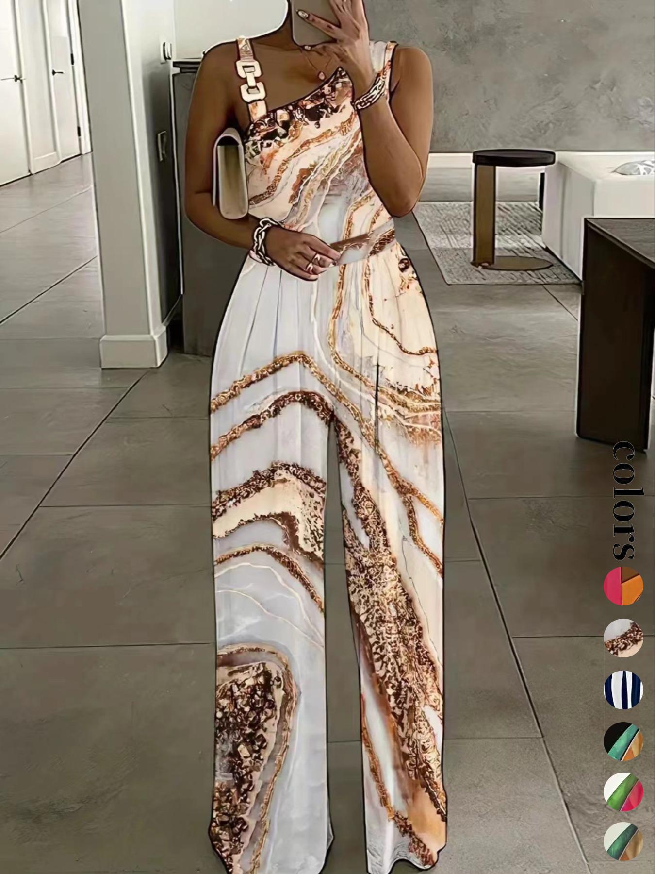 Women's Floral Print Ring-Linked Asymmetrical Neck Jumpsuit, Boho Casual High Waist Wide Leg Jumpsuit for Summer, Womenswear