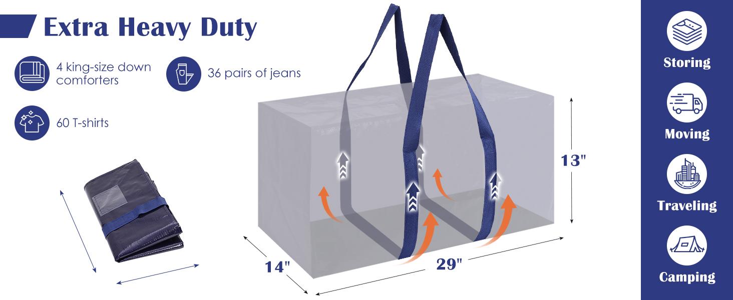 6 Pack Extra Large Heavy Duty Moving Bags with Reinforced Zipper & Wide Handles Moisture-Resistant Storage Bins Packing Cubes for Clothes College Dorm Travel and Home Organization Black Organiser