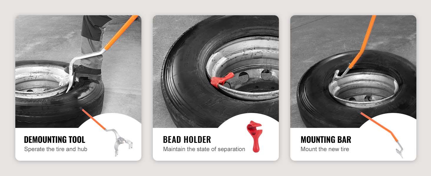 VEVOR Tire Mount Demount Tool, 22.5-24.5 Manual Steel Tire Changer Mount Demount Removal Tool, with Extra Bead Holder, Tubeless Truck Bead Breaker, 3 PCS Tire Changing Tools, Orange