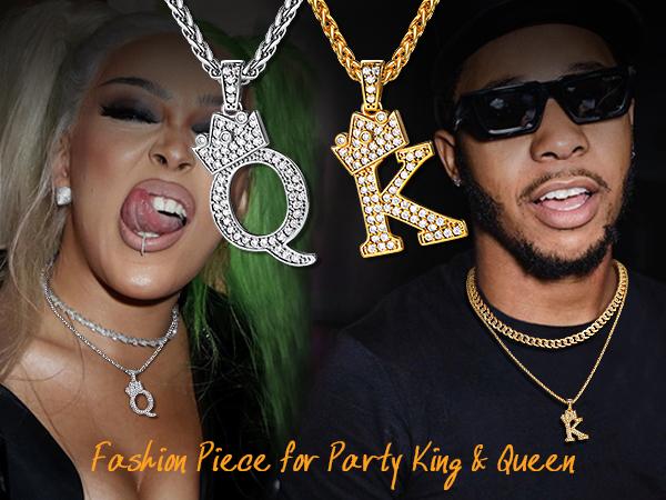 FindChic Crown Initial Necklace 26 Bling Letters A-Z Pendant Cubic Zirconia Hip Hop Alphabet Name Jewelry Unisex For Women Men