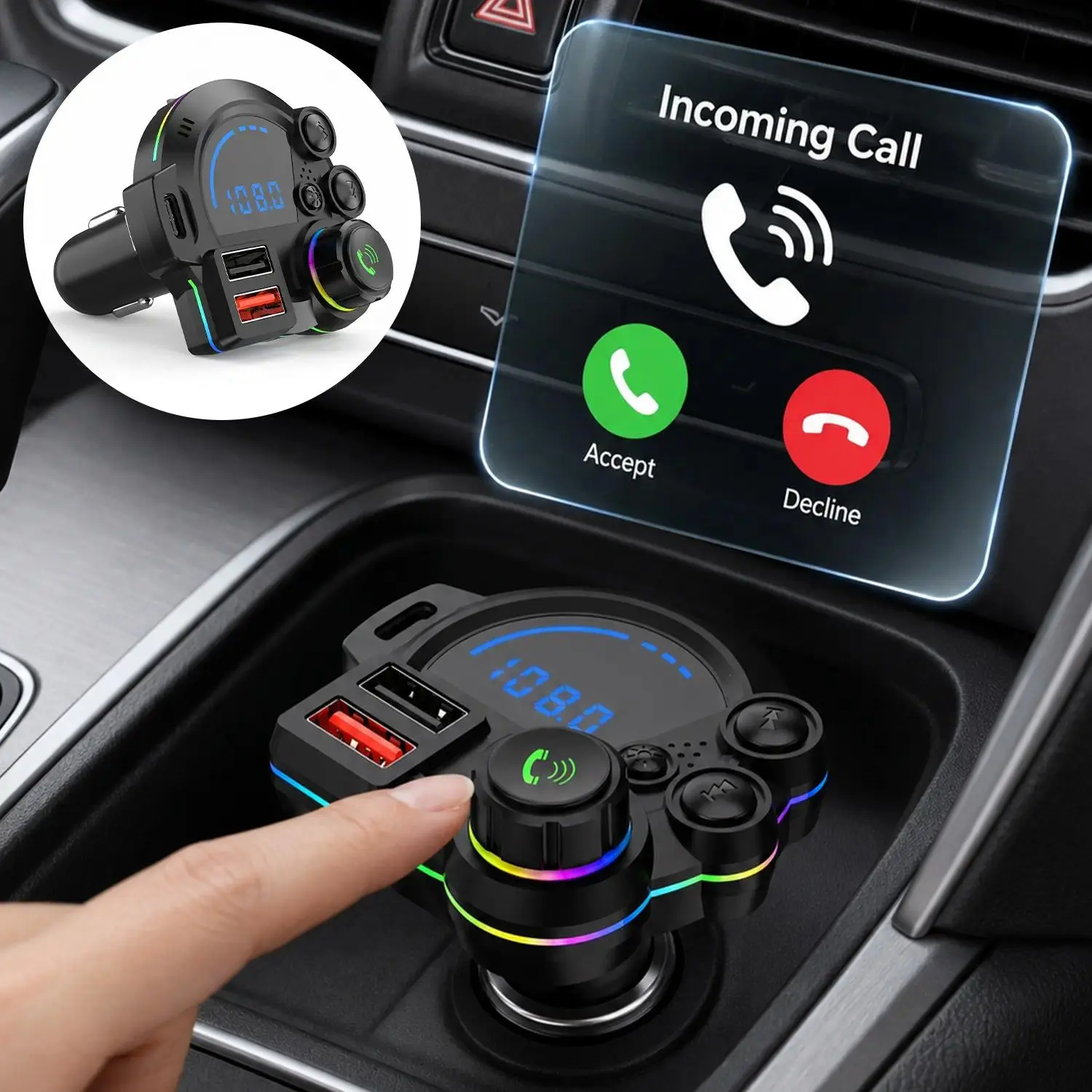 PD 20W Type-C Car Charger & Bluetooth 5.3 FM Transmitter, Wireless MP3 Player with Dual USB Ports, Bass Sound Enhancer, RGB Glowing Radio Adapter, Hands-Free Calls, Car Accessories & Road Trip Essentials, Compatible with 12V-24V Road Trip Essentials