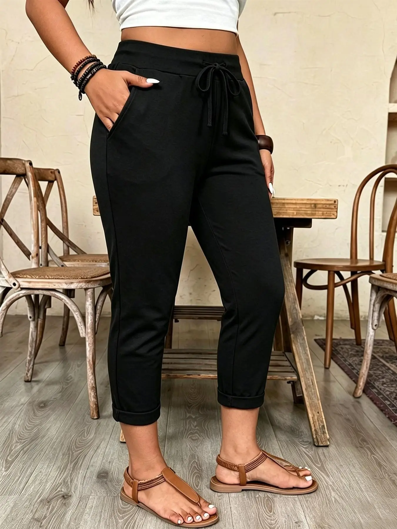 Plus Size Women's High Waist Capri Pants, Casual Lounge Pant, Casual Elastic Waist Drawstring Stretch Trousers with Pockets for High Street, Coffee Run, Travel, Weekend and Daily Outfits