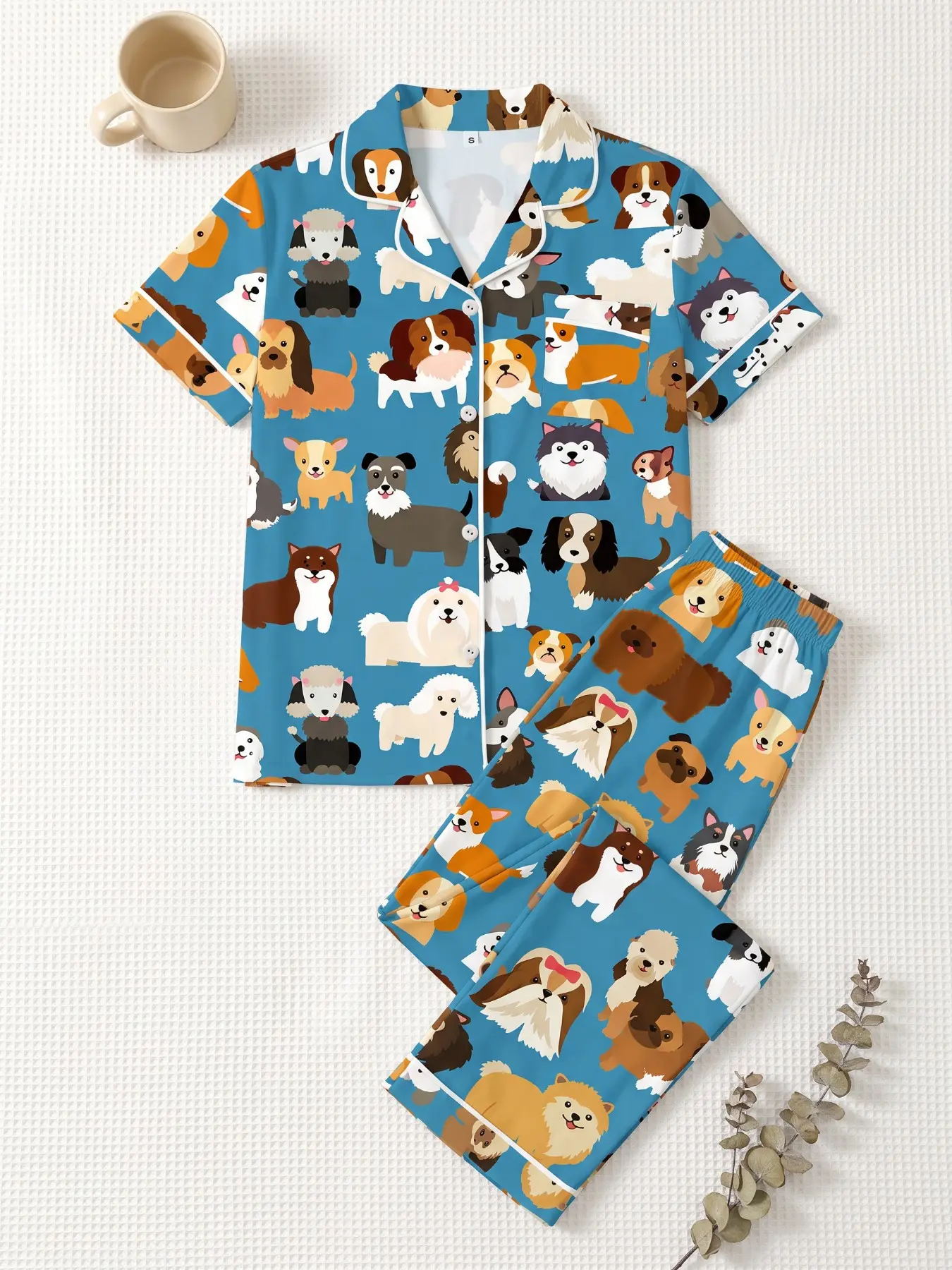 Women's 2-Piece Pajama Set, Loungewear Nightwear Set, Short Sleeve Button-Up Shirt and Pants, Casual Loose-Fit Sleepwear, All over Dog Print, Ankle Length