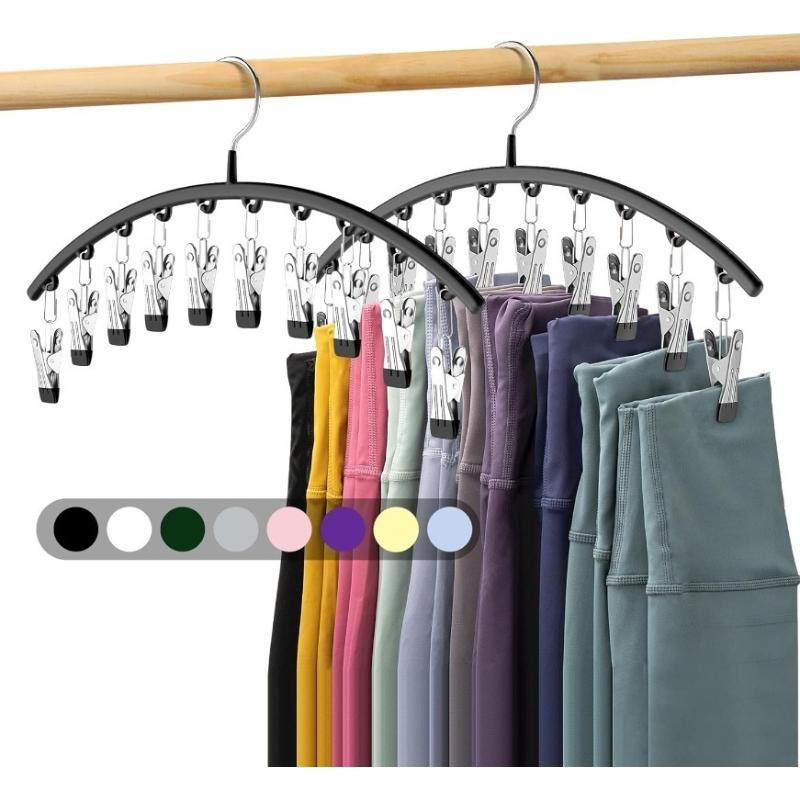 2-Pack: Curved Metal Yoga Pants Hangers With Clips, Curved Shape Hanger — Space-Saving Wardrobe Organizers, Featuring a Curved Design and Multi-Colored Stainless Steel Clips, These Hangers Are Windproof and Non-Slip — Each Pants Rack Includes 10 Clips