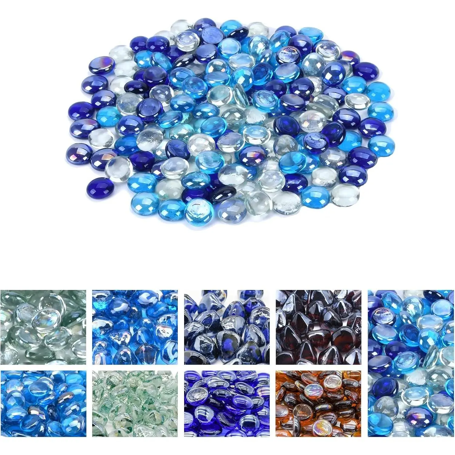 Blended Fire Glass Beads for Outdoor Fire Pit, Fireplace, Replaces Existing Gas Logs & Lava Rocks, 3/4 Inch Glass(10 Pound)(Cobalt Blue, Caribbean Blue, Crystal Clear Luster)