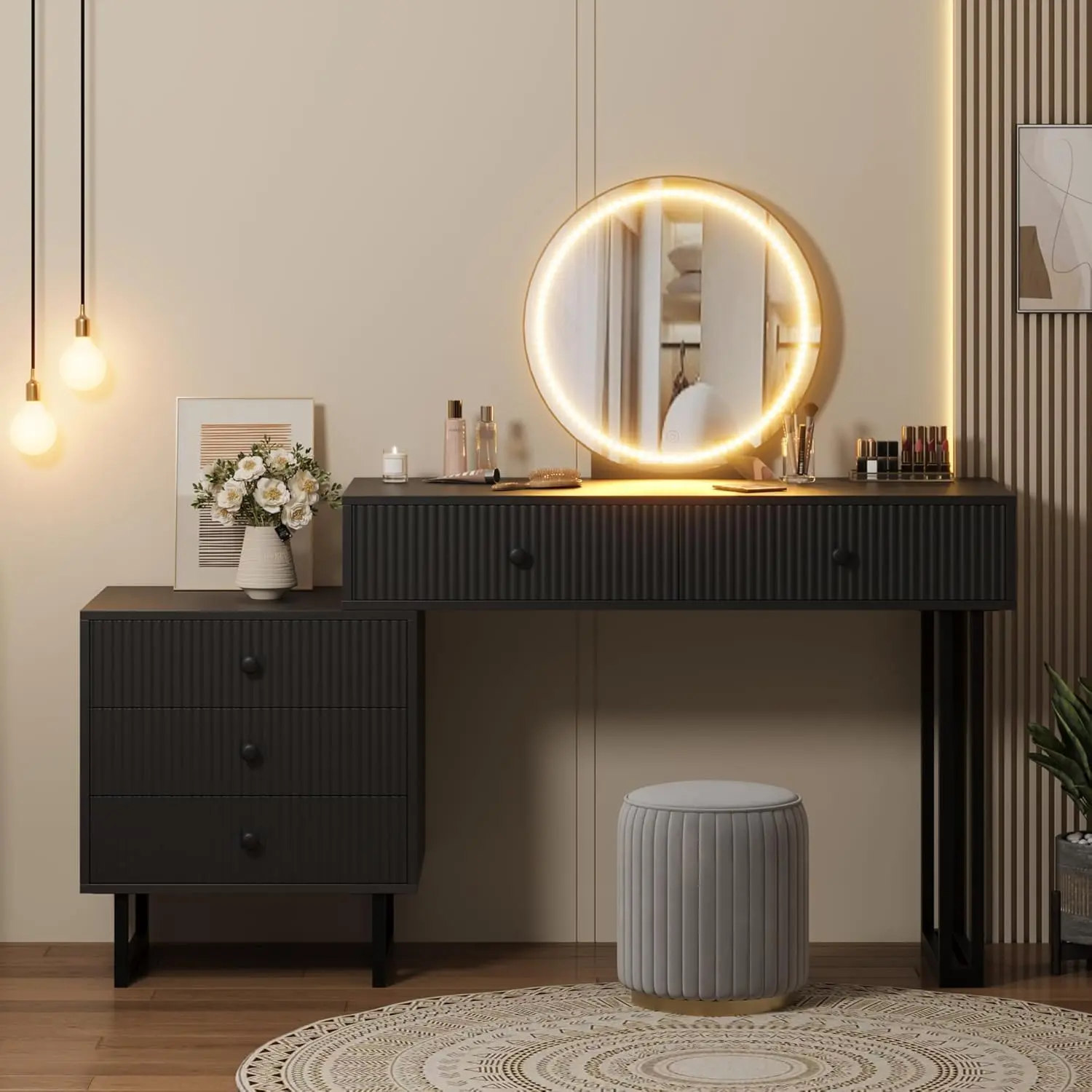 53.5" Black Rectangular Vanity Desk with Lighted Mirror, 3 Color Adjustable Brightness Lights & 5 Drawers | Modern Indoor Makeup Vanity for Bedroom
