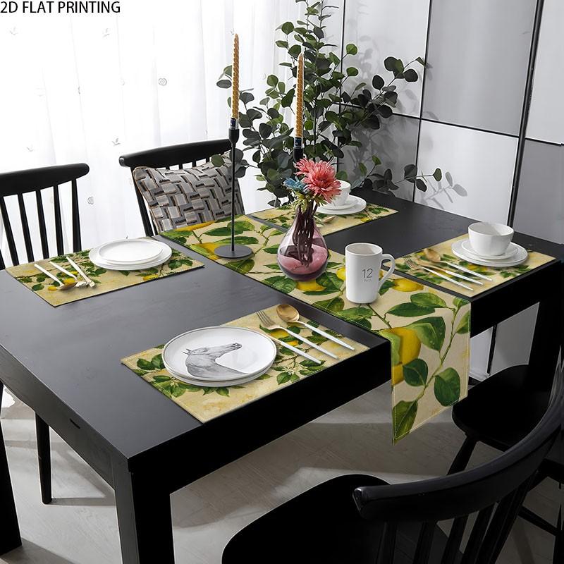 2D flat printing, 5-piece/7-piece watercolor lemon table flag placemat set, with green leaves for summer tabletop decoration and holiday kitchen table decoration, suitable for home gatherings, indoor decoration, and home decor