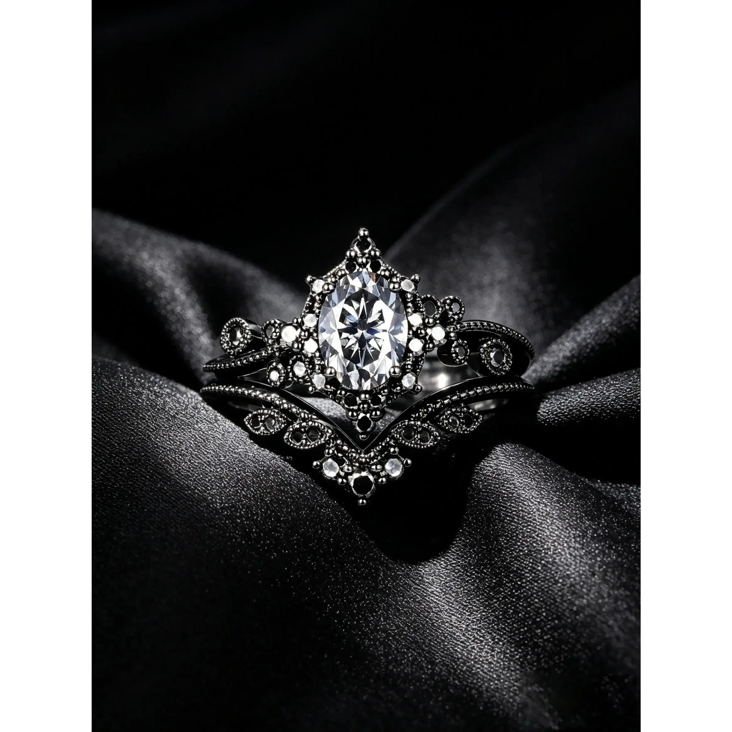 Oval grey moissanite engagement ring set, Gothic black and gold moissanite beaded wedding ring, commitment anniversary ring, women's gift, sparkling rings, Beautiful Rings