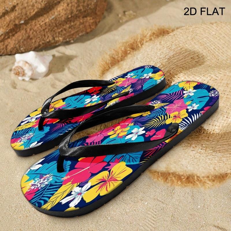 2026 Summer New Women'S Flip Flops, Open Toe, Flat Heel, Tropical Floral Navy Design, Multiple Colors & Sizes, Dry Clean, Ideal for Mother'S Day, Easter, Holiday Gifting, Lively Summery Style, Women Shoes
