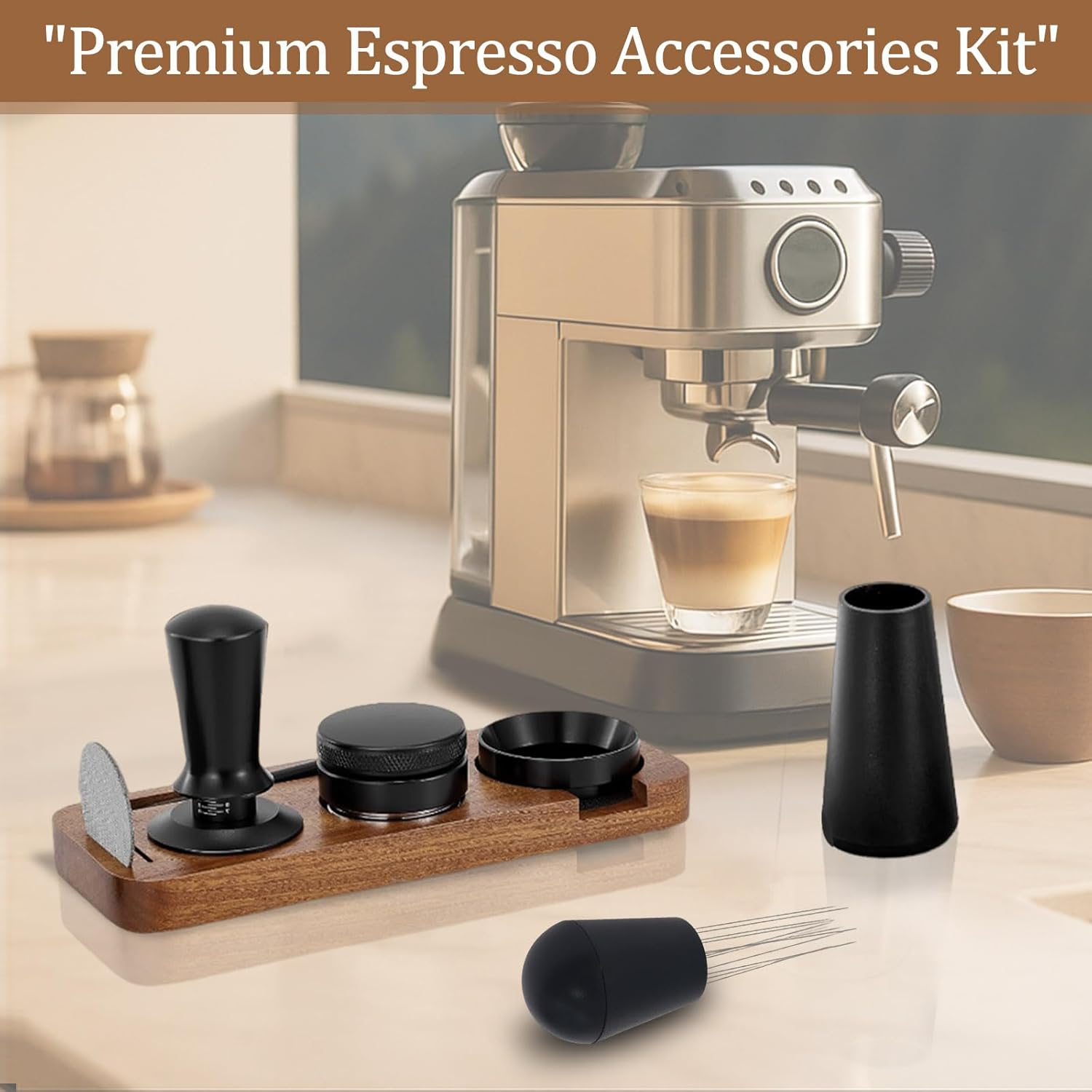7pcs Espresso Accessories Set, Includes Tamper Tool & Wooden Tamping Station, Ideal for Espresso Lovers, Perfect Gift Idea