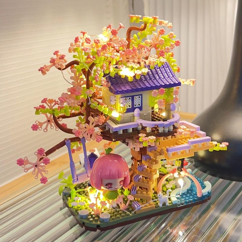 Cherry Blossom Tree House Building Block Villa Wooden Assembly Educational Toy with Detailed Floral Decor for Kids and Adults