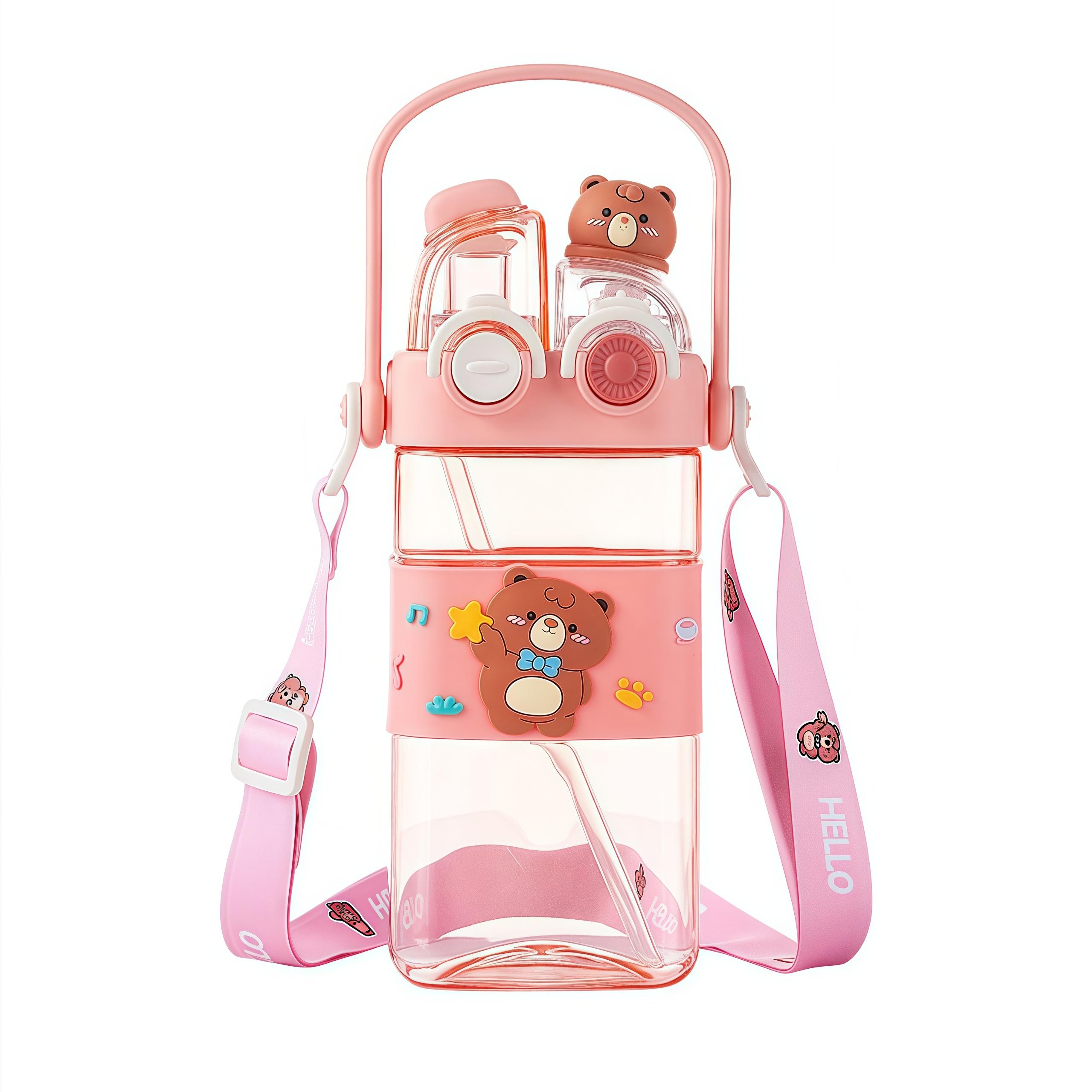 UFORU Press-type bear water bottle,19.61oz Portable outdoor sports water bottle PP material, heat insulation, drop resistance, no peculiar smell,design for  Boys and Girls, outdoor and home Mug Bottled Reusable Cup Drinkware Lid Straw Washable Kids