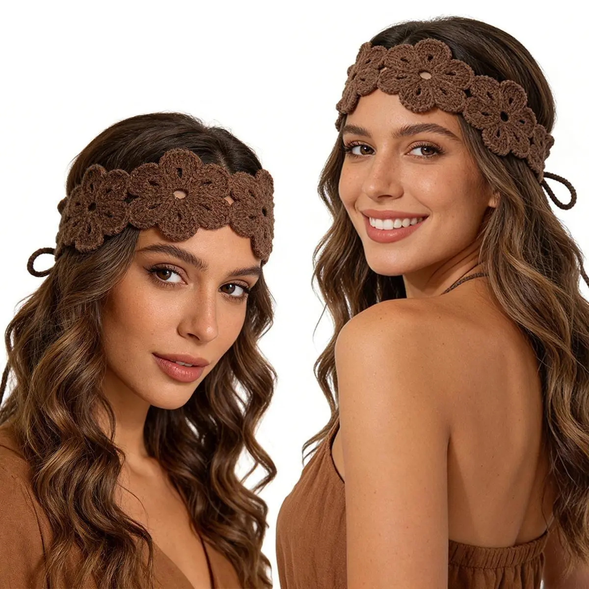 Unisex Bohemian Crochet Flower Headband - Soft Touch Solid Color Hair Accessory, Stretchy Polyester Band, Ideal for Daily Wear & All Seasons (DIY Bag Accessory for Luggage & Bags)