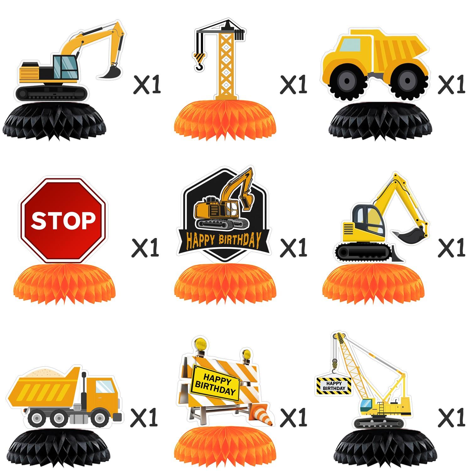 9Pcs Construction Party Decorations Honeycomb Centerpieces Dump Truck Excavator Table Toppers 3D Paper Ornaments for Kids Boy Birthday Party Supplie