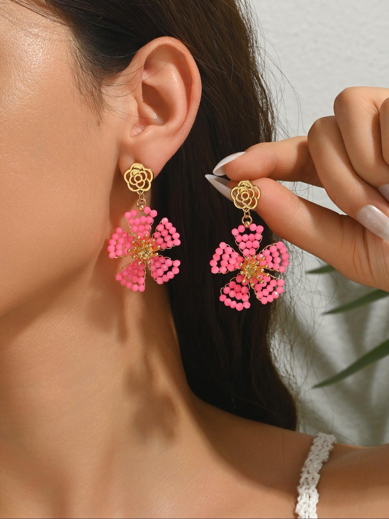 A pair of handcrafted, bohemian-style vintage dangle earrings featuring beaded floral designs—the perfect gift for a loved one, mother, or friend. An ideal present for Valentine's Day, Mother's Day, International Women's Day, wedding season, Thanksgiving