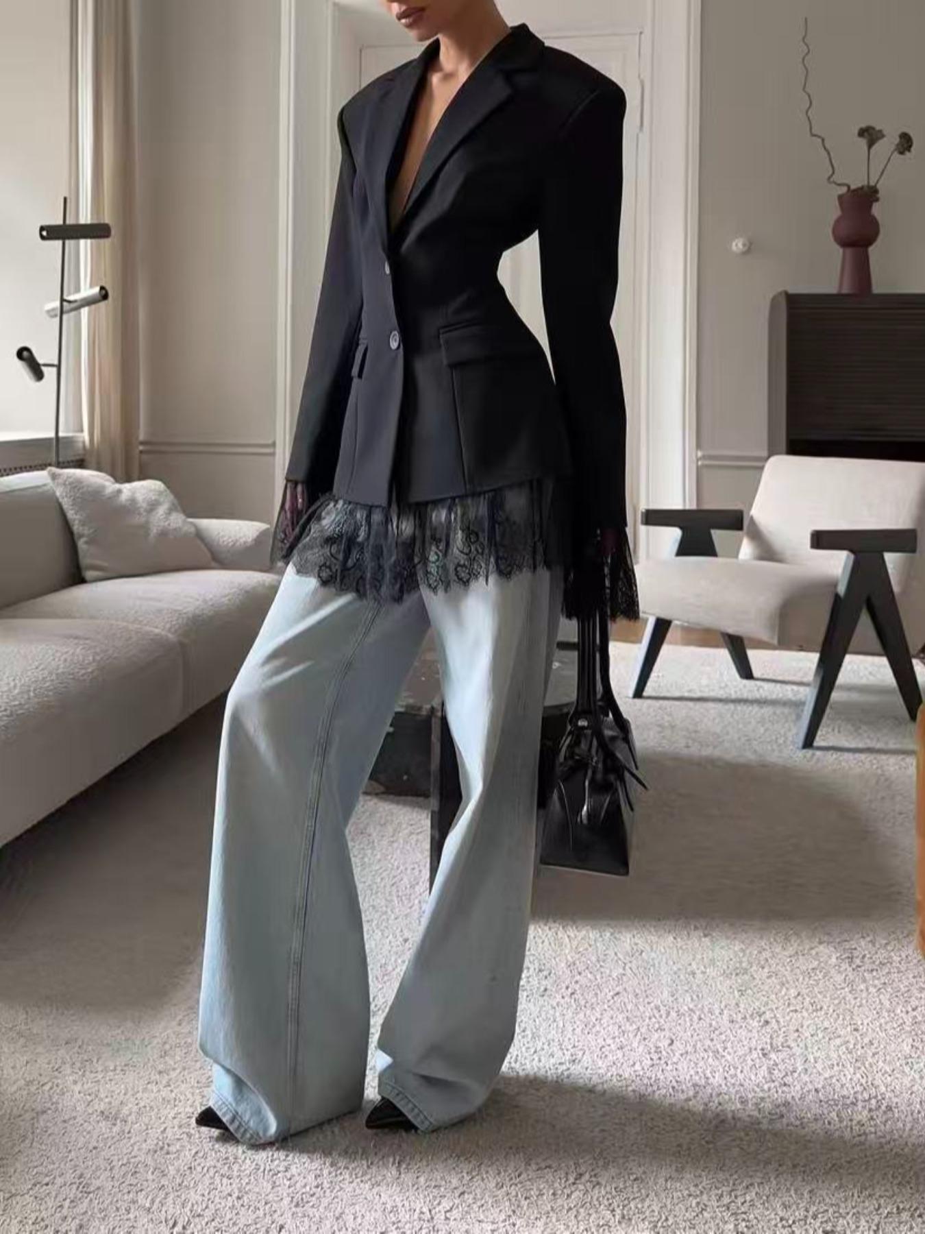 Women's Fitted Elegant Pure Color Woven Fabric Lace Patchwork Button Pockets Waistcoat Blazer Jacket, Office Evening Date Formal Banquet Fall Winter Womenswear
