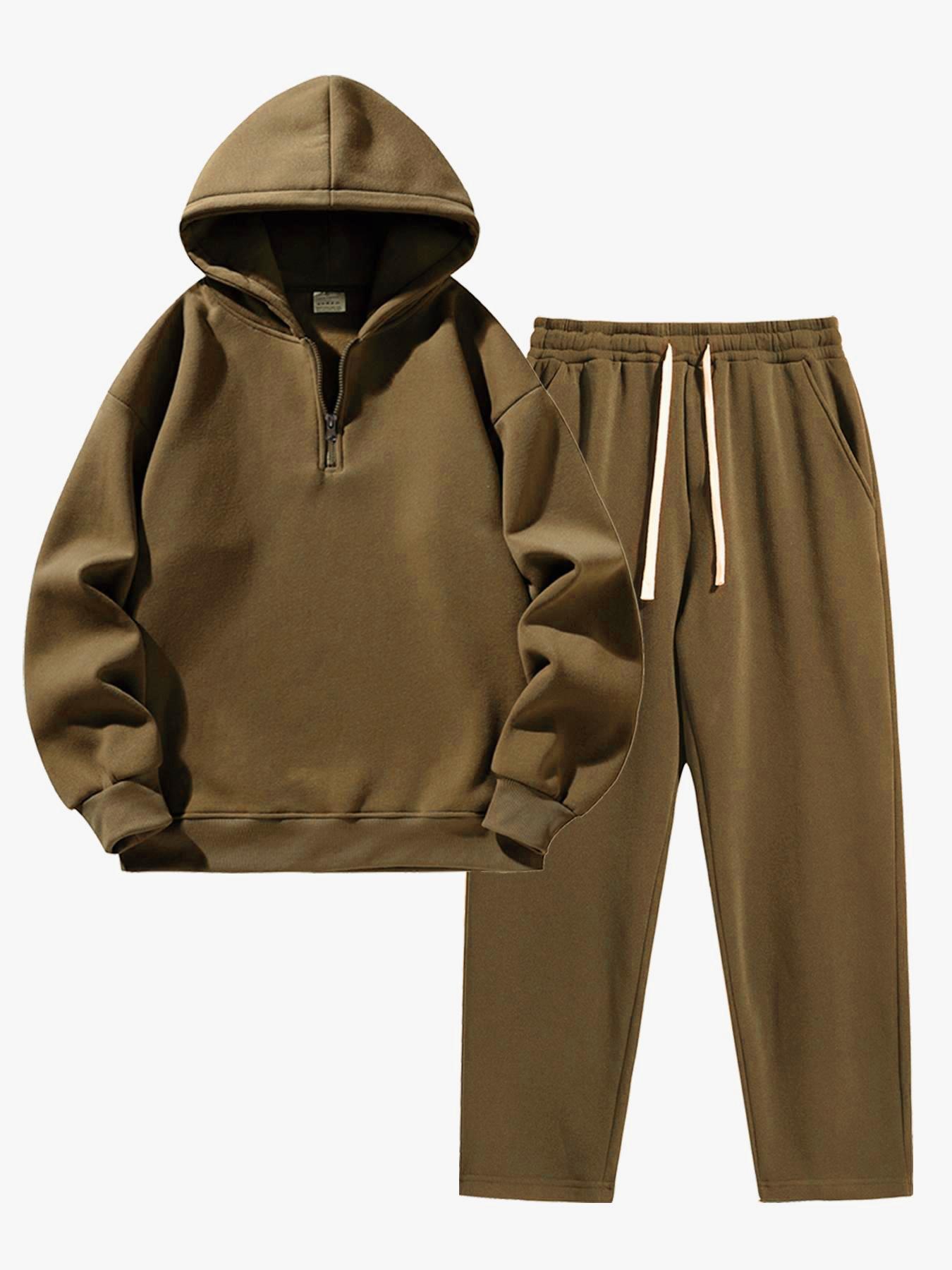 Men's Plain Two-piece Sweatsuit Set, Basic Regular Fit Casual Drop Shoulder Half Zip Long Sleeves Hoodie & Pocket Drawstring Elastic Sweatpants, Men's Clothing