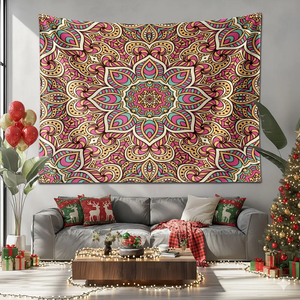 Pink Lotus Mandala Tapestry, Soft Romantic Wall Decor for Girls' Room, Spring Backdrop