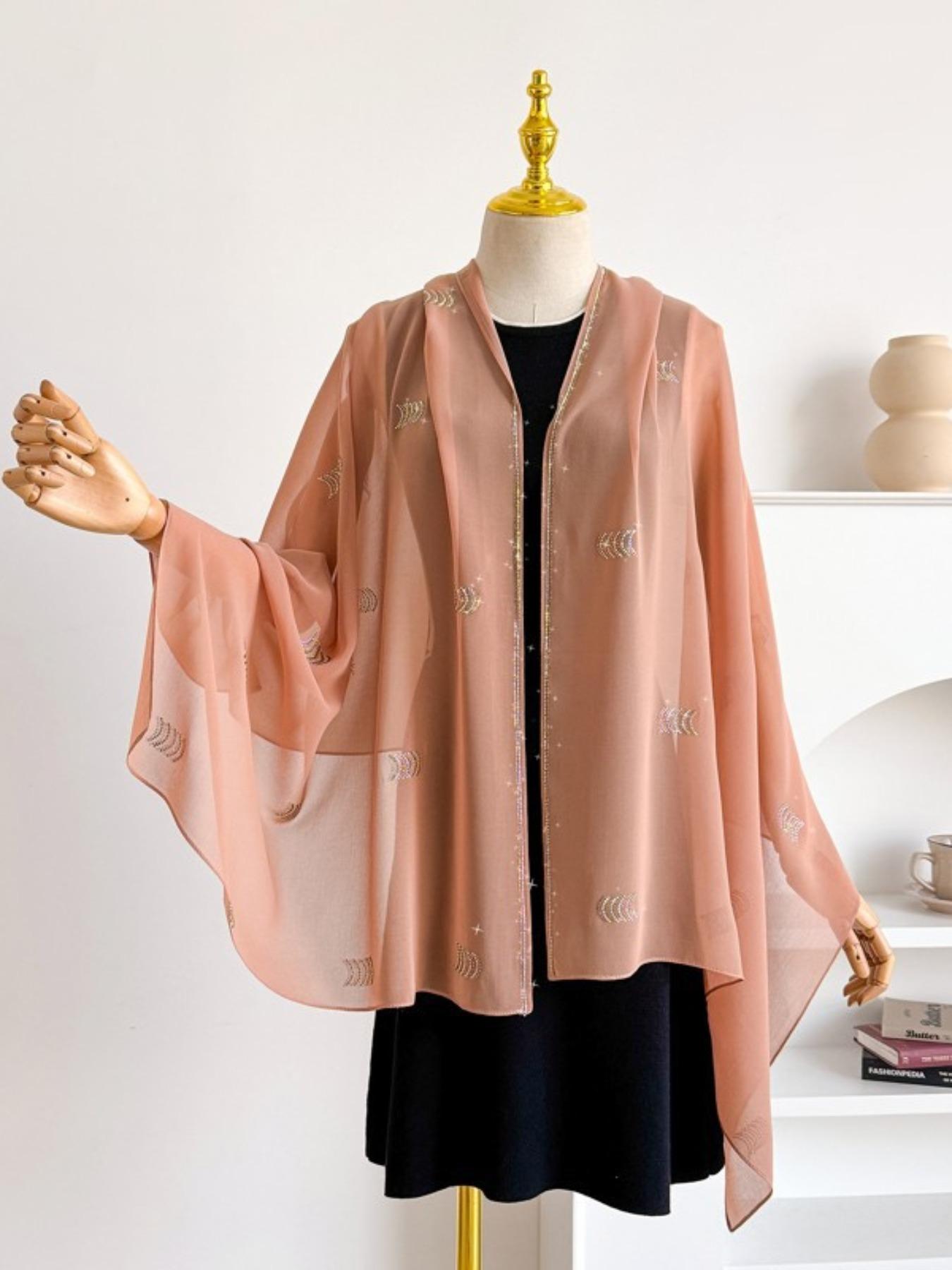 Single Piece Multi-Functional Plain Color New Arcuate Rhinestone Chiffon Long Scarf, Pearl Embellished Sun Protection Shawl, Ethnic Headscarf