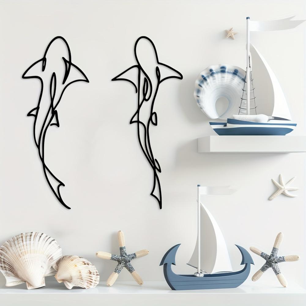 Modern Minimalist Shark Animal Design Metal Wall Art Set, Artwork, Indoor Beach Room Decor, Large Vertical Hanging Decoration, No Feathers, Halloween Theme