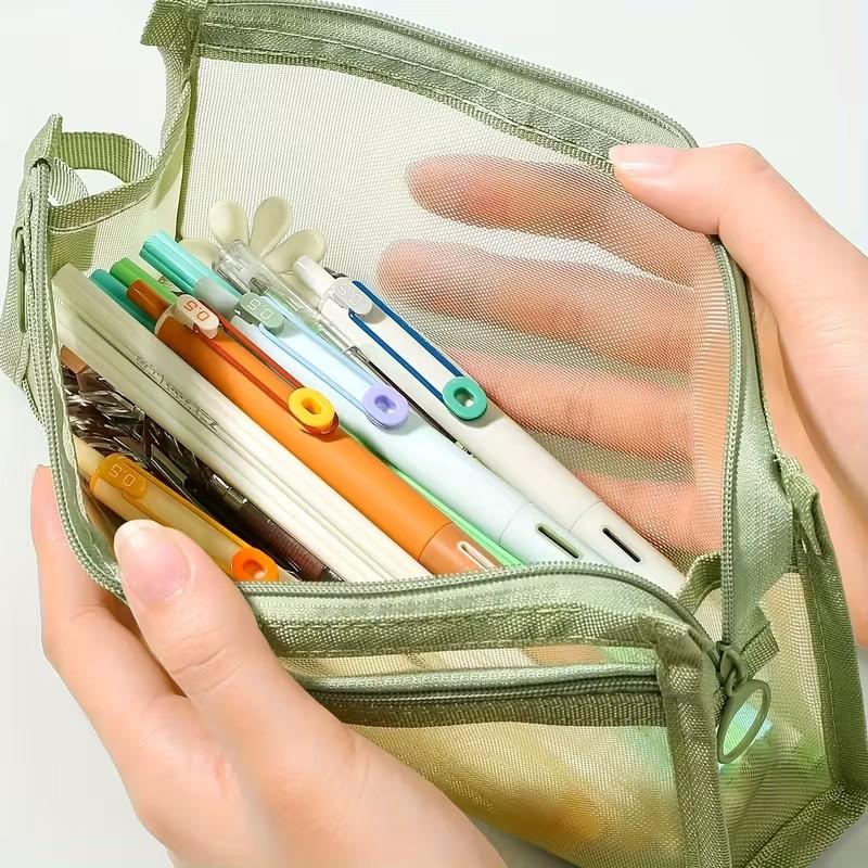 Transparent Mesh Dual-Layer Pencil Case, Kids' Unisex New Design, Large Capacity, High Aesthetic, Simple Subject Stationery Bag, Desk Supplies