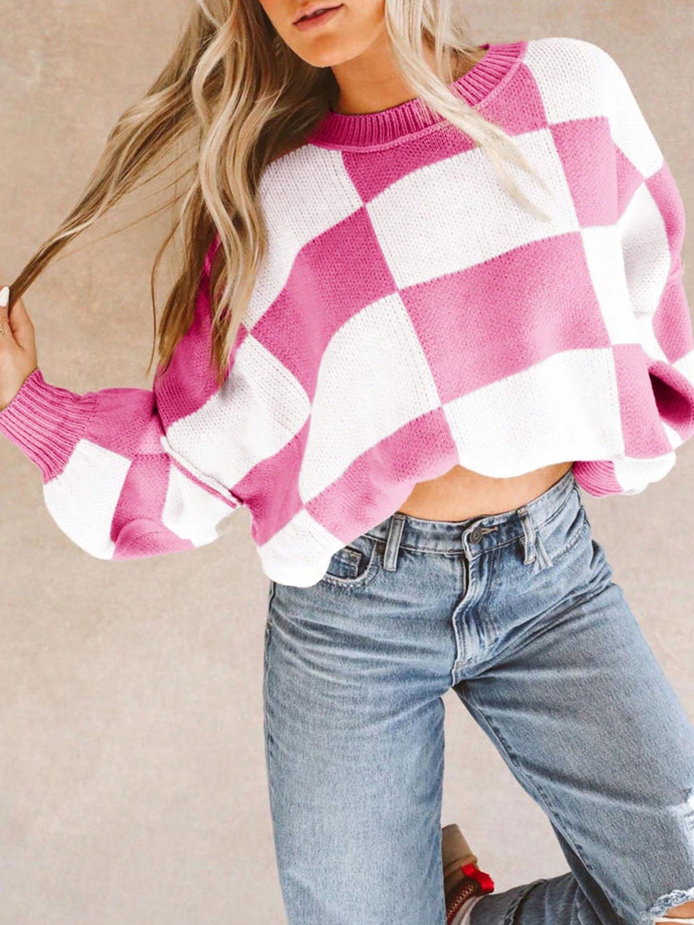 Plus Size Plaid Drop Shoulder Sweater, Casual Long Sleeve Knitwear for Fall & Winter, Loose-Fitting Round Neck Pullover for Women, Knitwear Tops