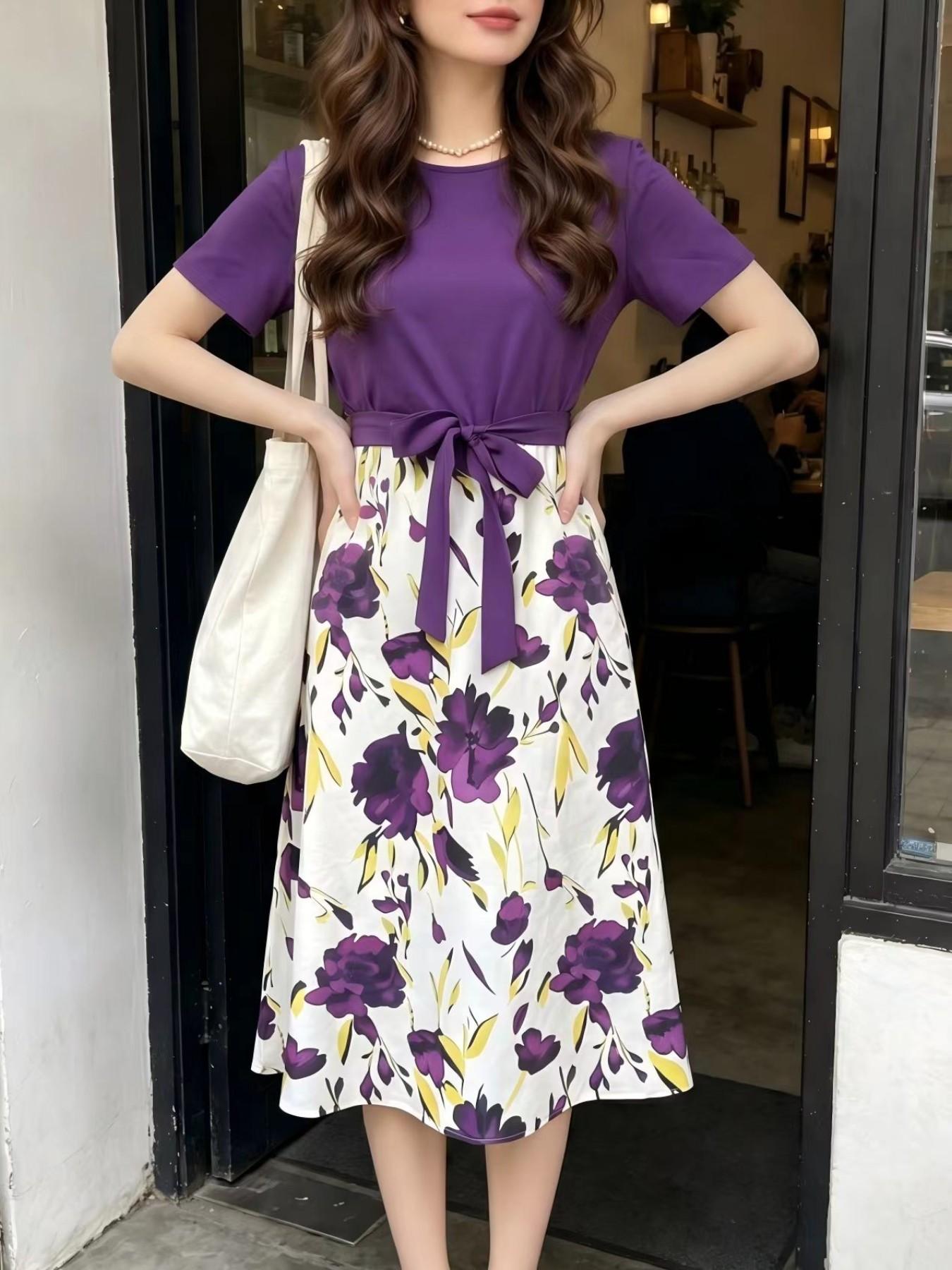 Women's Summer Short Sleeve Dress, Elegant Floral Print Long Skirt, Versatile Two-Piece Design, Soft & Chic Style, Perfect for Daily Wear  Slim Fit Waist Dress Ladies Casual Outfit