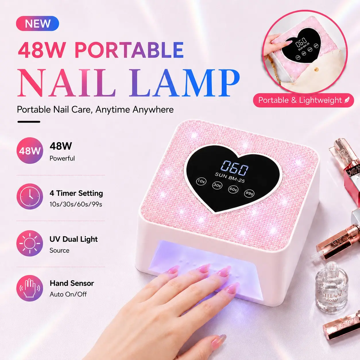 Portable USB Nail Polish Curing Lamp, Nail UV Light, 4-Timer Modes, LCD Touch Screen, Rhinestone Decoration, Manicure Art Tool, Convenient Design