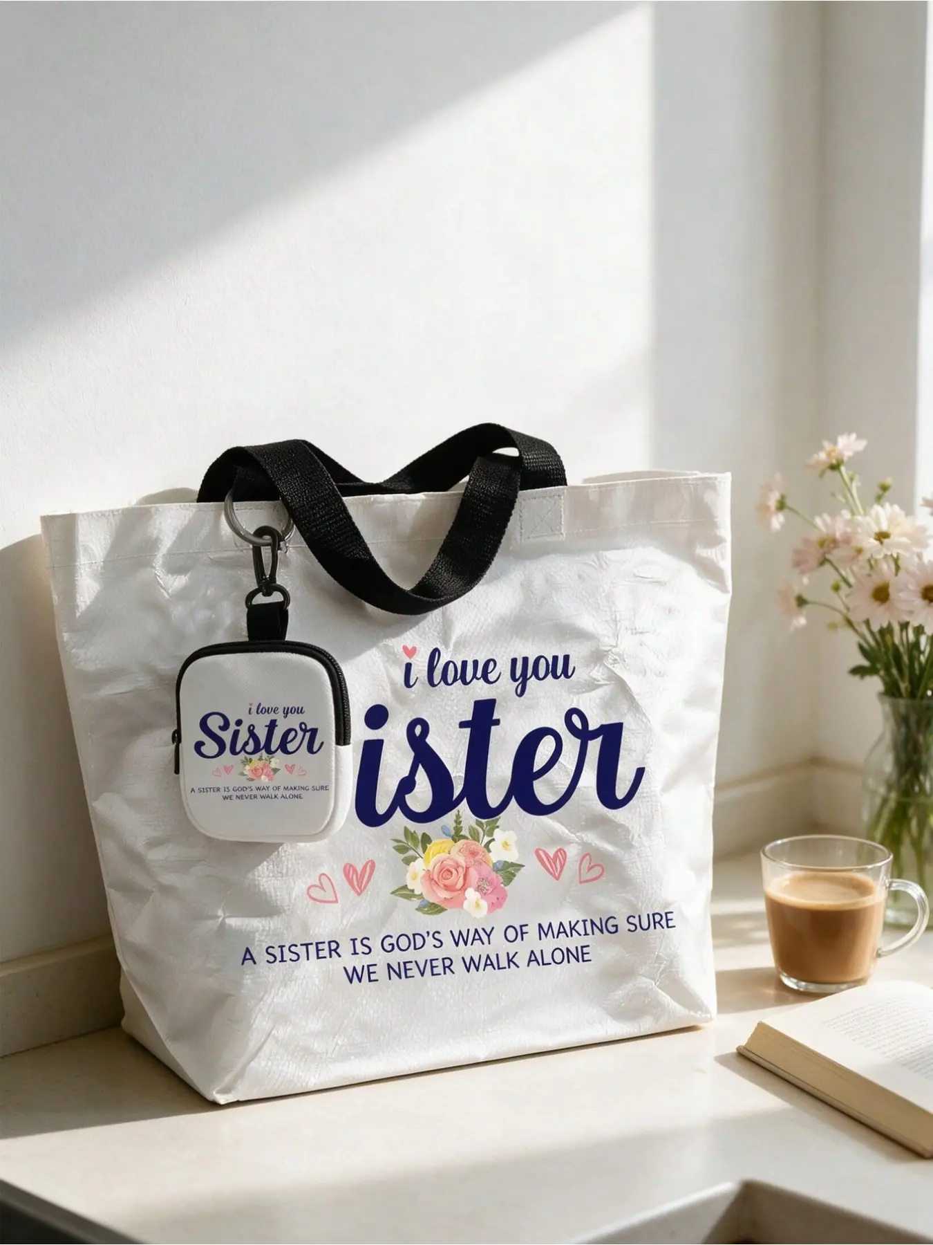 "i Love You, Sister" Woven Tote Bag, Reusable Large Capacity Shoulder Bag, Perfect Gift for Sisters, Beach Travel, Shopping, Daily Use