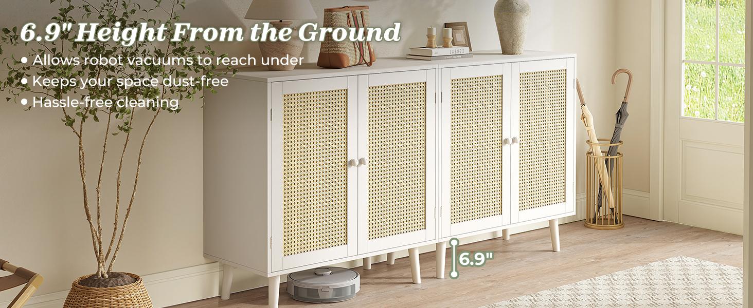 Huuger Buffet Cabinet with Storage, Storage Cabinet with PE Rattan Decor Doors, Media Console with Solid Wood Feet, Sideboard Cabinet for Hallway, Entry, Living Room