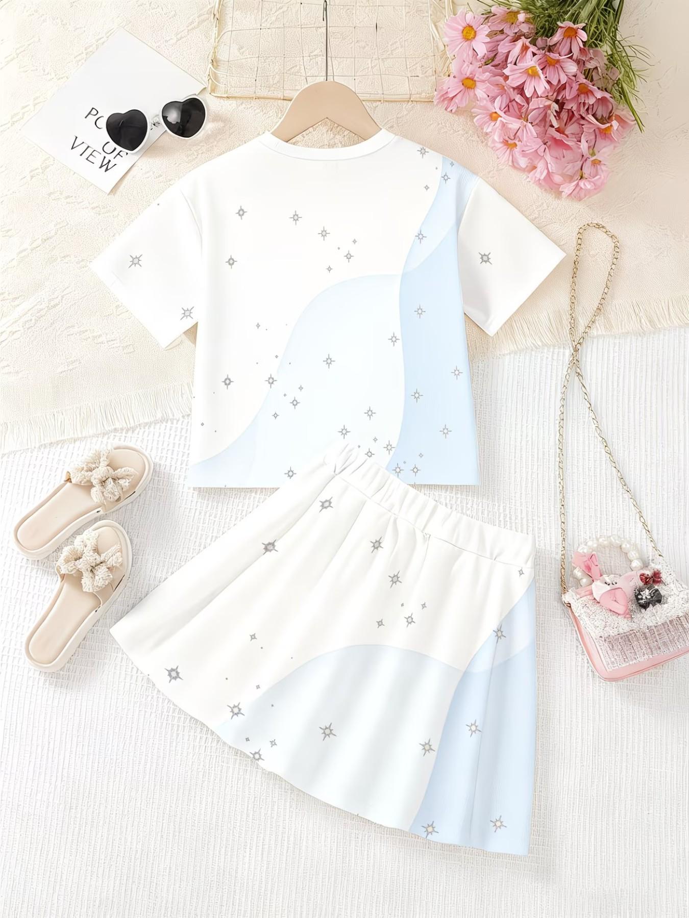 Girls' 3D Printed Top and Skirt Set, Casual Slim-Fitting Summer, Round Neck Short Sleeve, Daily Wear, Two-Piece Ensemble