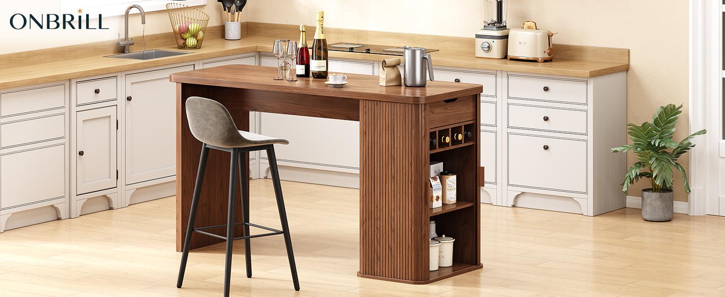 【SPOTLIGHT DAY】ONBRILL 59 Inch Kitchen Island with Storage, Fluted Counter Height Table, Mid-Century Modern Kitchen Island Table with Sliding Door, Home Bar Tables with Wine Rack and Drawers
