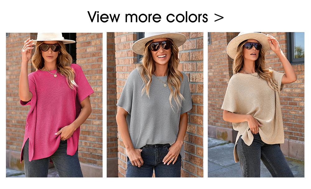 Shewin 2026 Spring/Summer Oversized Cozy Ribbed Knit Top Women&rsquo;s Crew Neck Short Sleeve Pullover Elegant Solid Color Knitwear with Side Slit for All-Season Casual Outfits SpringStatements
