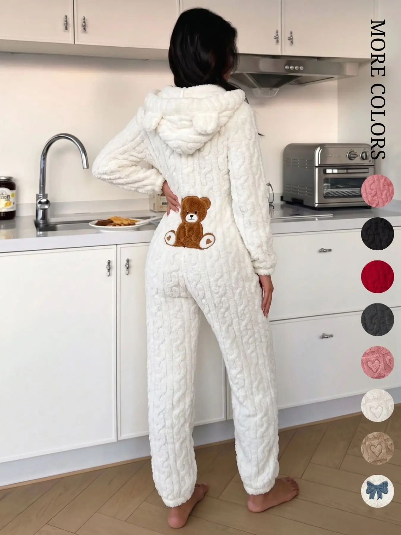 【Black Friday】Women's Cute Teddy Bear Embroidered Hooded Plush Jumpsuit, Comfortable Fashion Design, Perfect Gift for Her, Casual Fall & Winter Wear