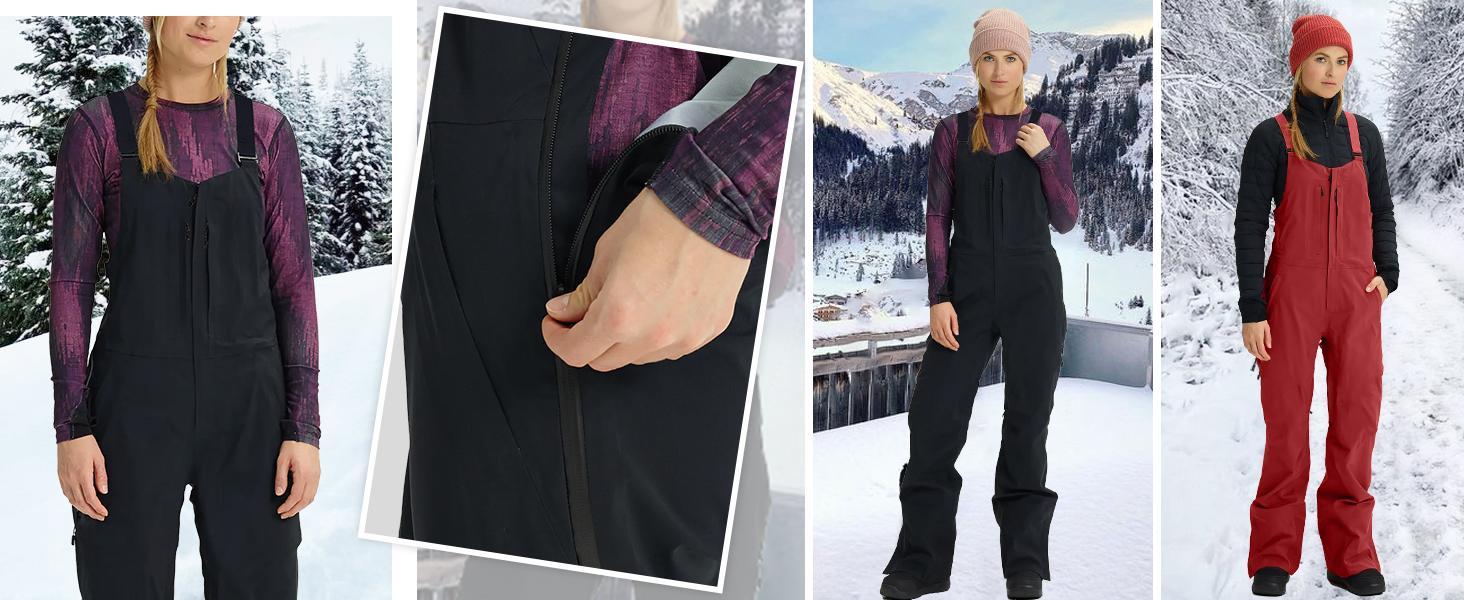 Imily Bela Women's Insulated Waterproof Snow Bibs, Lightweight Polyester Ski Pants for Winter Outdoor Activities, Zipper, Straps, Shell, Essential, Elastic, Camping, Rock Climbing, Snowboarding, Skiing, Gaiter Boot Seal, Zipper Vent, Polyester Shell