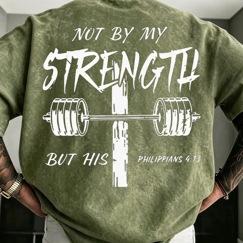 Men's Washed Vintage Cross Barbell Faith English Short Sleeve T-Shirt, American Christian Gym Fitness Loose Fit Breathable Training Top, Training Tee