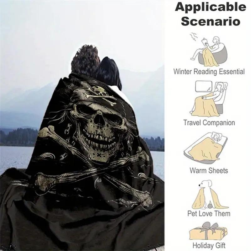 Pirate skull pattern soft polyester blanket - comfortable, warm, machine washable sofa, bed, picnic, travel blanket - rectangular, perfect for pets and holiday gifts