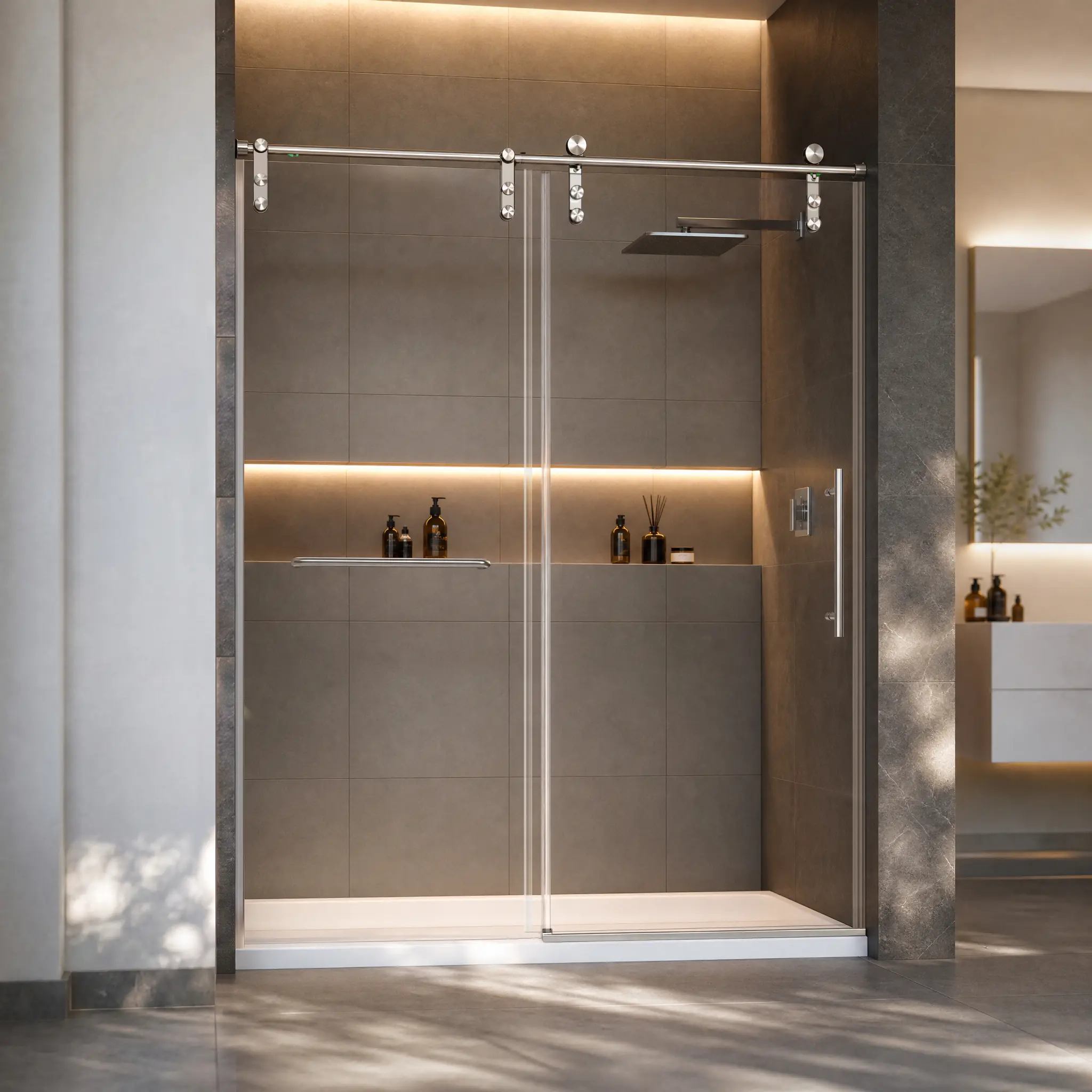 56-60"W x 70"H Frameless Sliding Shower Door, 5/16" Tempered Glass, Brushed Nickel with Towel Bar & Buffer