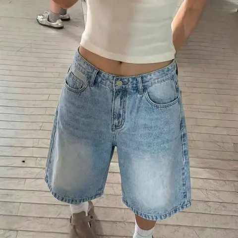 Women's Loose-Fit Straight-Leg Bermuda Shorts Bottom, Casual Plain Blue Shorts for All-Season Wear