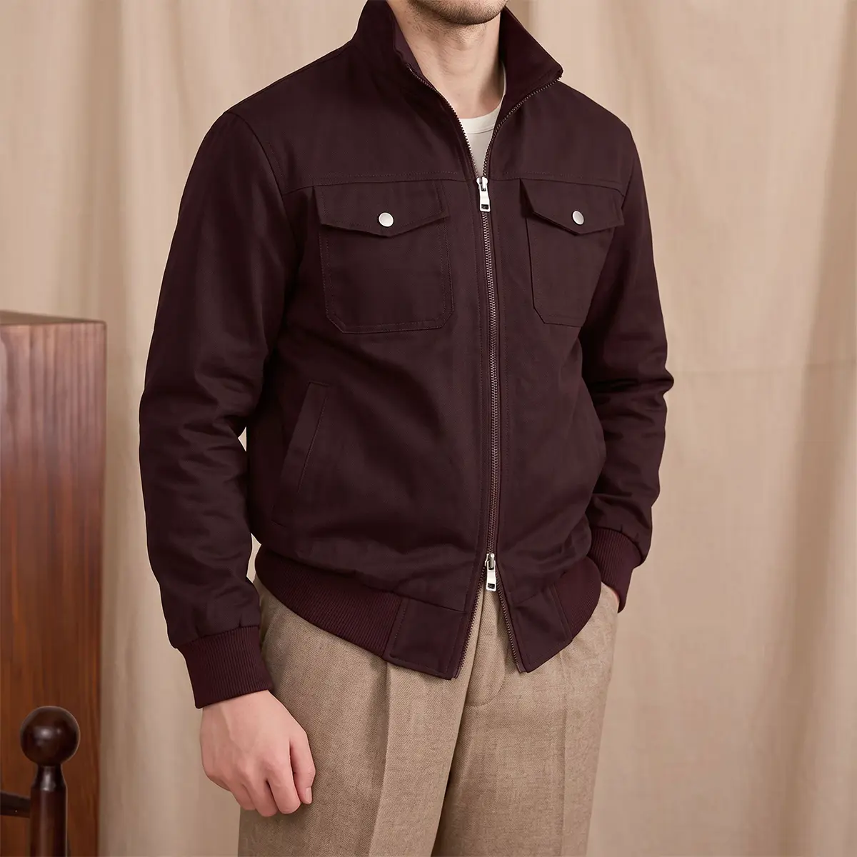 Men's Burgundy Stand Collar Zip-Up Polyester Workwear Jacket - Fitted Cut, Medium Length, Multi-Pocket American Vintage Bomber Coat, Machine Washable Autumn Winter Solid Plain Casual Commuter Outerwear