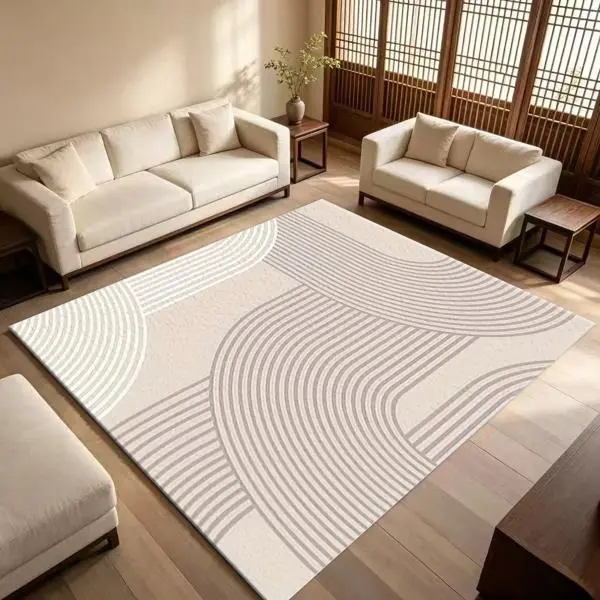 Velvet living room rug, cream-toned abstract curved-line floor mat, modern minimalist beige/off-white/light gray bedroom sofa area rug