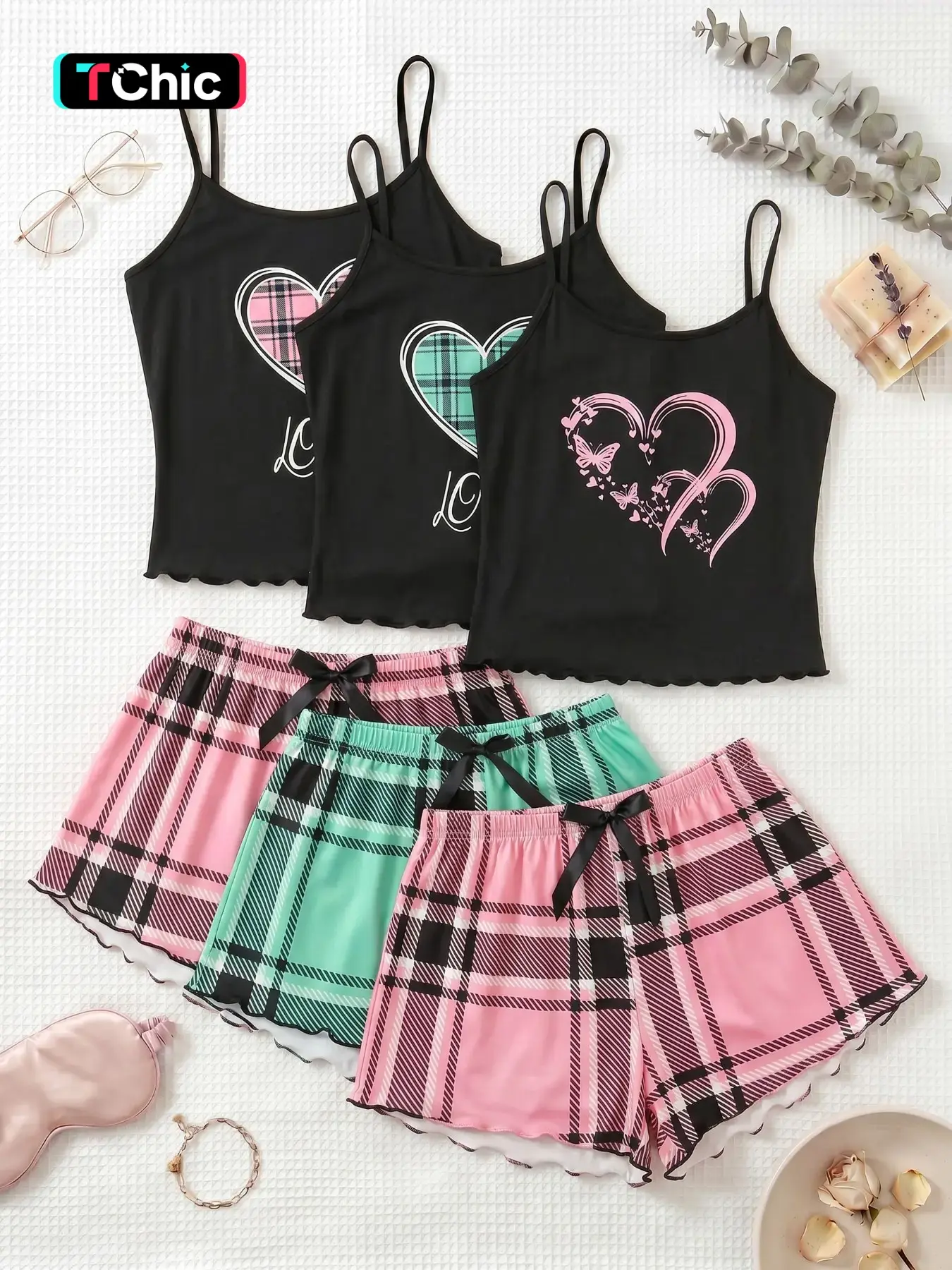 3-Piece Set, Plaid Heart Print Spaghetti Strap Tank Top & Shorts Pajamas, Trim Ruffle Design, Sweet Cool Girl Style, Breathable Home Sleepwear, Feminine, Love