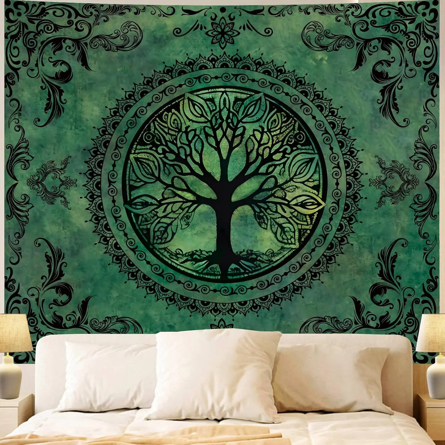 Green Bohemian-style bedroom tapestry, large hippie tree of life wall hanging | Hippie mandala wall decoration, large nature-themed ceiling background, suitable for camping, dormitories, living rooms (polyester material)