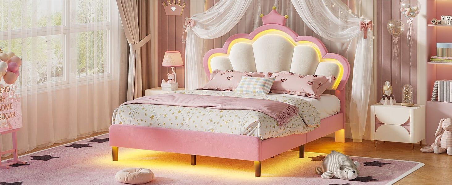 Sikaic  Bed Frame with Princess Crown and LED Velvet Upholstered Platform Pink Modern Bed Frame with Adjustable Headboard, No Box Spring Needed gift for teen girl